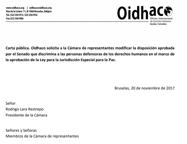 Carta pública. Oidhaco solicita a la Cámara de representantes modificar la disposición aprobada por el Senado que discrimina a las personas defensoras de los derechos humanos en el marco de la aprobación de la Ley para la Jurisdicción Especial para la Paz