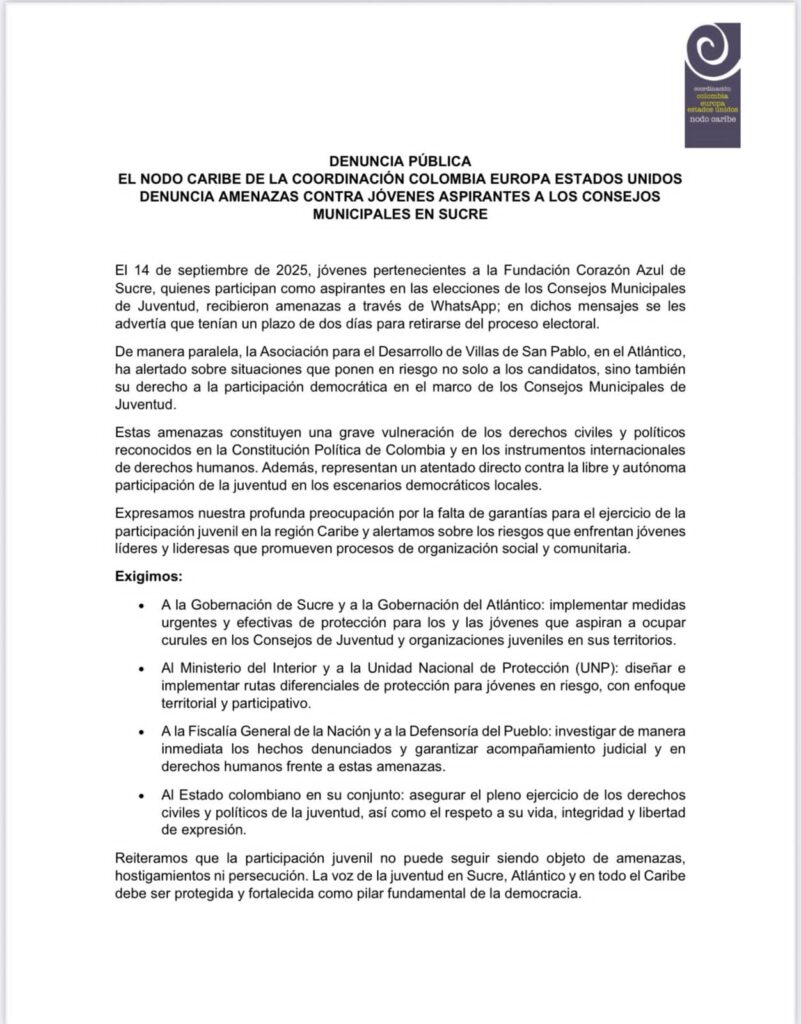Denuncia de amenazas en Sucre y Atlántico